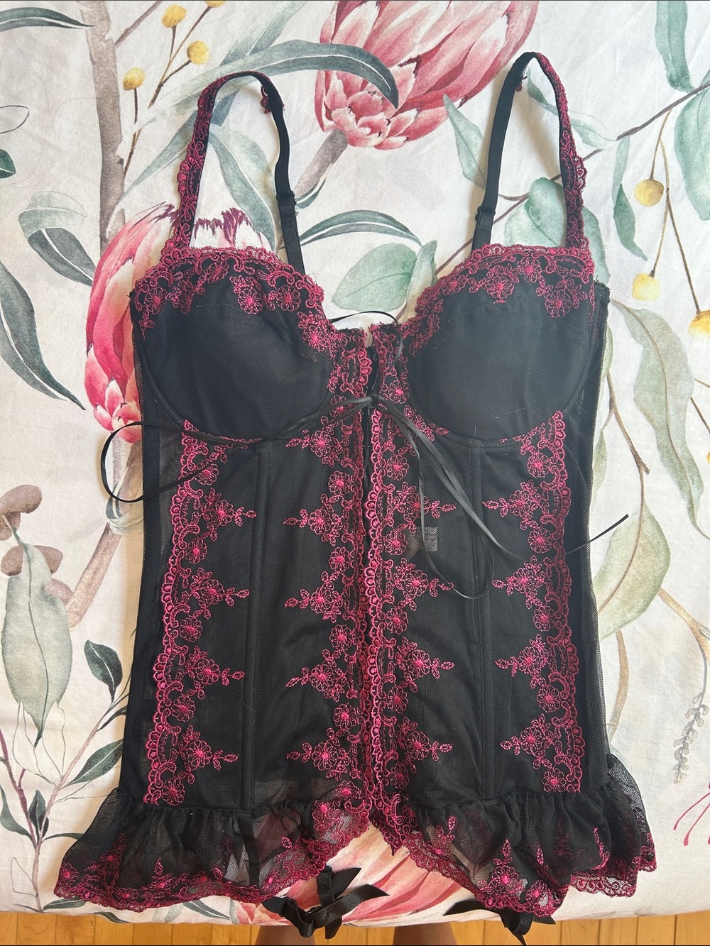 Black & Pink Lace Mesh Bustier Corset - 34C